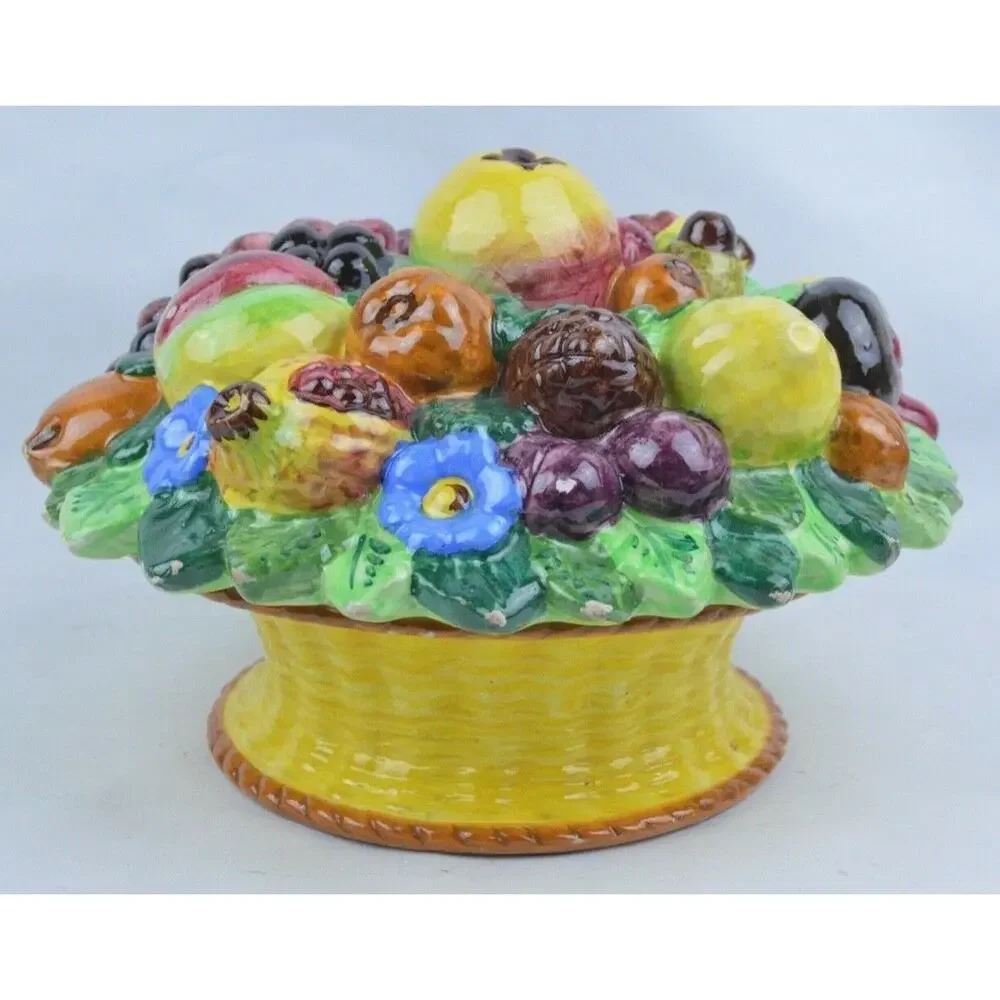 Italian Majolica Ceramic Fruit Basket Canister Jar Lid Centerpiece Antique
